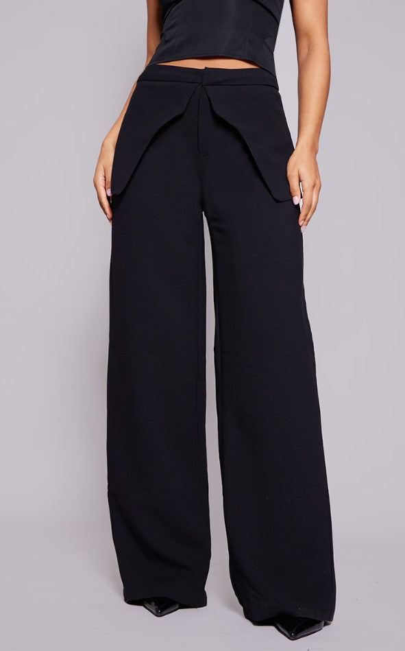 Black High Waisted Peplum Detail Straight Leg Trousers