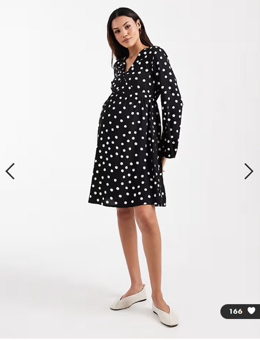 Mamalicious Maternity button front nursing friendly mini dress in black polka dot print