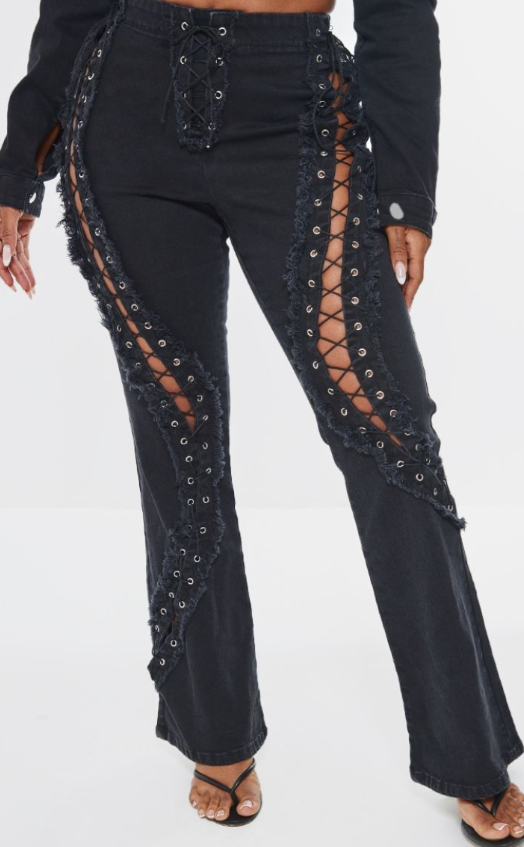 Shape Black Denim Lace Up Detail Flare Jeans