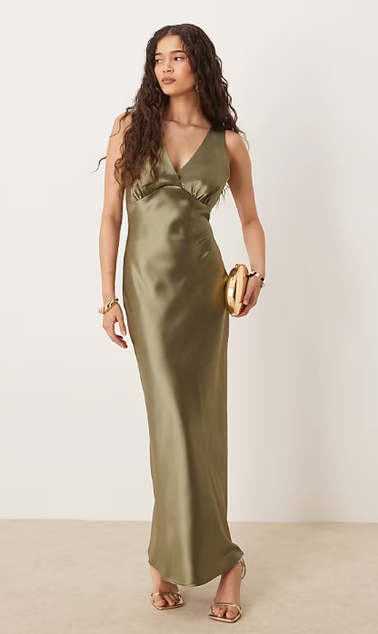 Asos - Gina Tricot satin v neck shape maxi dress in khaki