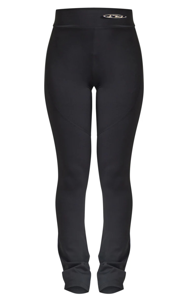 Black Sport Metal Badge Sculpt High Waist Flare Trousers