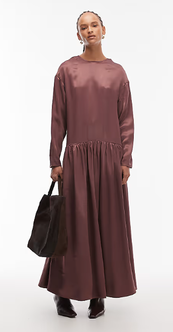 ASOS DESIGN dropped waist maxi smock dress in deep burgundy