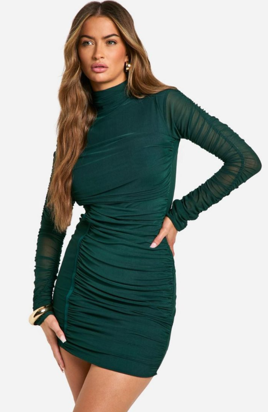 Boohoo Mesh Ruched High Neck Mini Dress - green