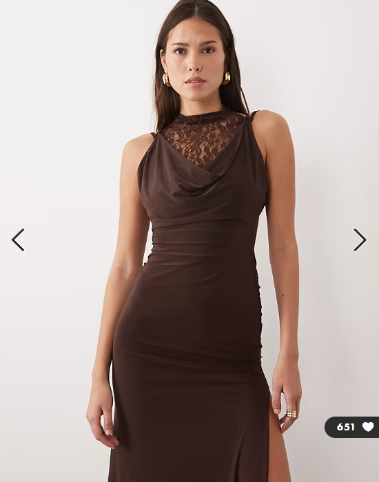 ASOS DESIGN lace and slinky layered cowl maxi dress in chocolate