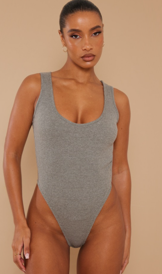 Khaki Marl Rib Scoop Neck Bodysuit