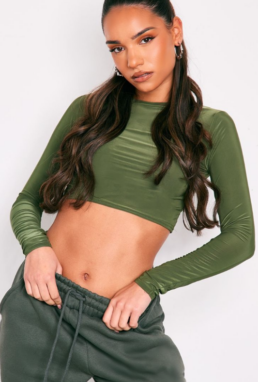 Forest Green Basic Slinky Long Sleeve Crop Top