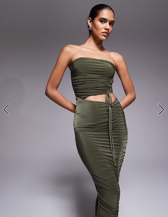 ASOS DESIGN bandeau ruched maxi dress in khaki