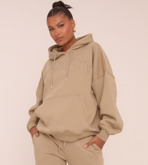 Oversized Ego Embossed Hoodie In Taupe Brown