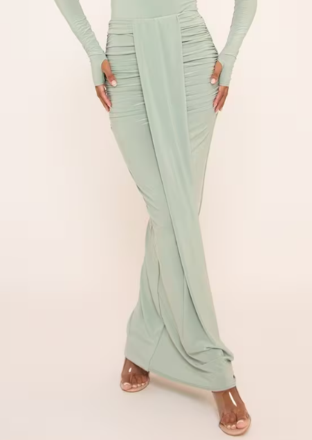 High Waist Drape Front Maxi Skirt In Pale Green Slinky