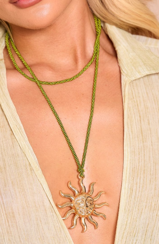 Gold sun detail khaki rope necklace