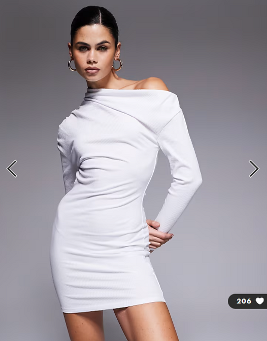 ASOS DESIGN ribbed asym neckline fitted mini dress in white