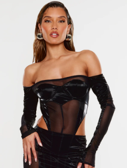Black High Shine Panelled Bardot Corset