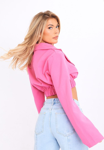 Bright Pink Basic Ruched Hem Tie Front Cropped Blazer