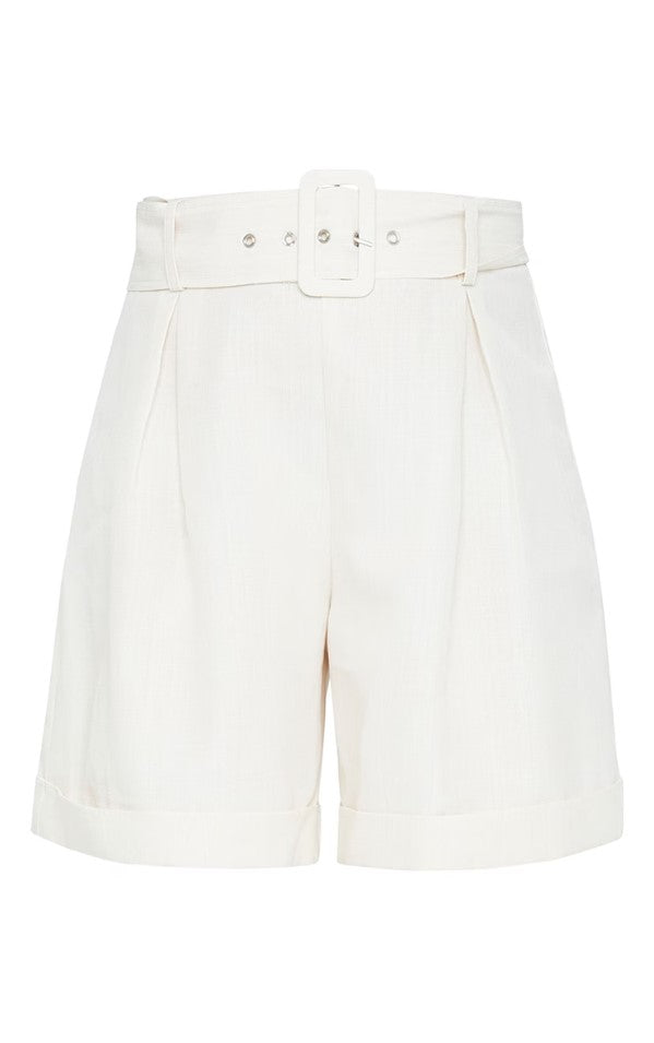 White Tailored Belt Detail Shorts