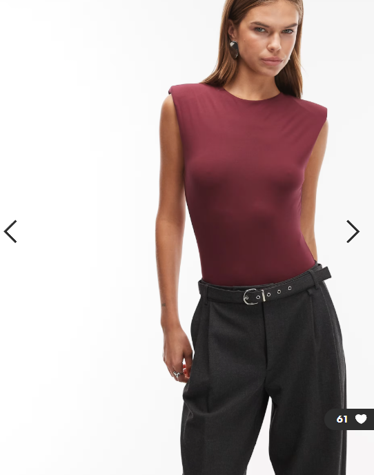 ASOS DESIGN slinky sleeveless shoulder pad bodysuit in burgundy