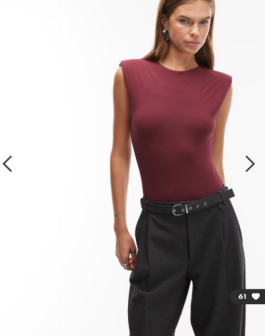 ASOS DESIGN slinky sleeveless shoulder pad bodysuit in burgundy