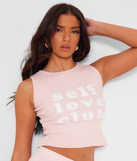 Baby Pink Self Love Club Slogan Rib Racer Top