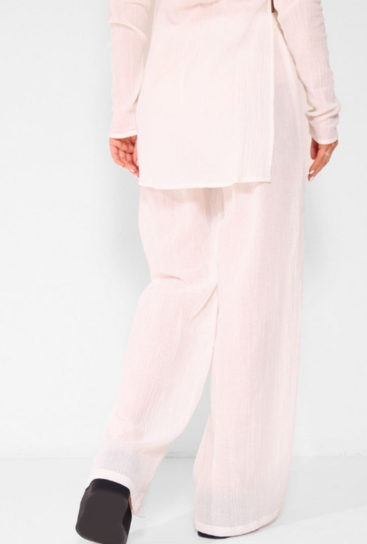 Cream Cheesecloth Textured Wide Leg Trousers