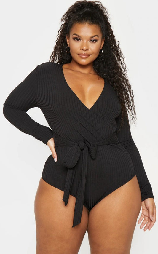 Plus Black Ribbed Tie Waist Bodysuit