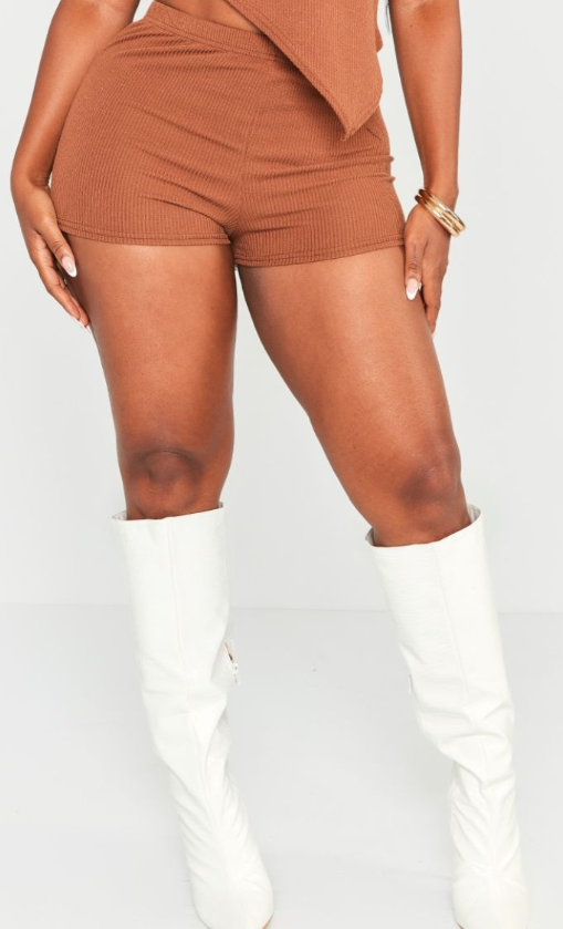 Shape Chocolate Brown Crinkle Rib High Waist Hot Pants