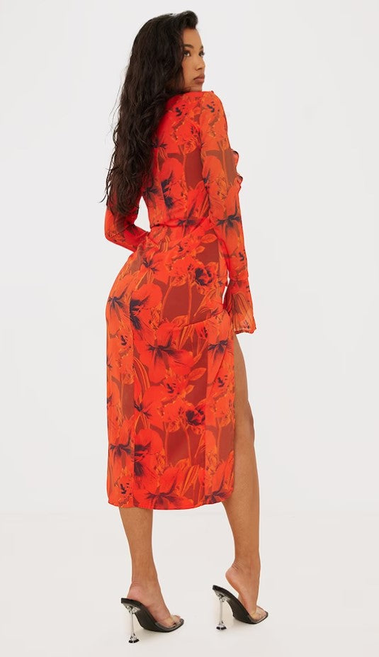 Red Floral Print Chiffon Frill Detail Midi Dress