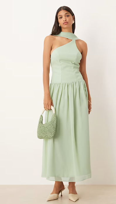 ASOS DESIGN scarf tie back drop waist midi dress in sage green
