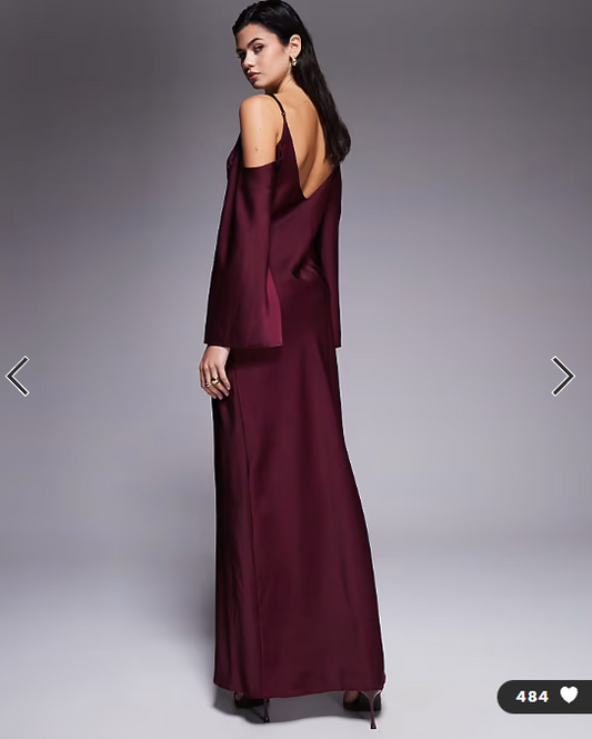 ASOS DESIGN satin long sleeve fallen shoulder cami midi dress in plum