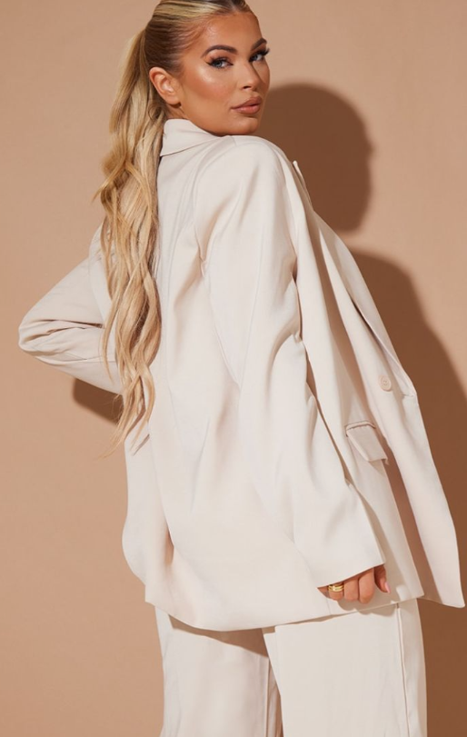Stone Woven Oversized Shoulder Pad Pocket Blazer
