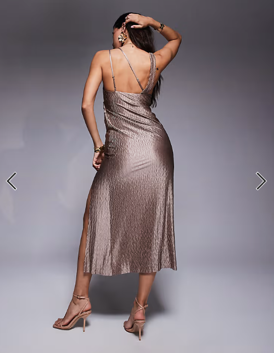 ASOS DESIGN chevron pleat plunge midi with bubble straps in mocha