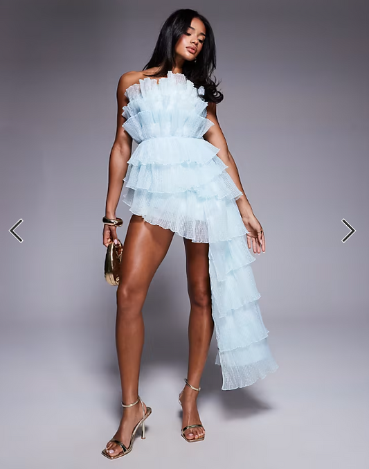 ASOS LUXE pleated organza draped top in blue and cream polka dot