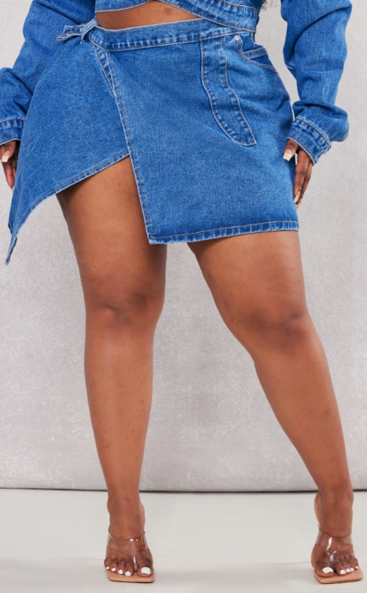 Plt Plus Mid Blue Wash Wrap Denim Mini Skirt