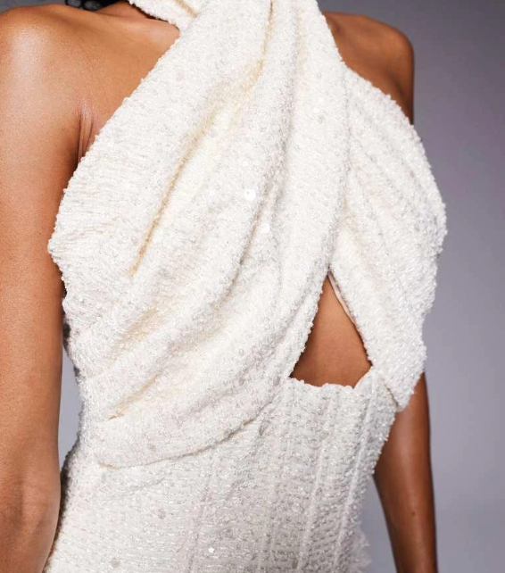Heiress Beverly Hills - premium sequin boucle halterneck ruffle hem mini dress in cream