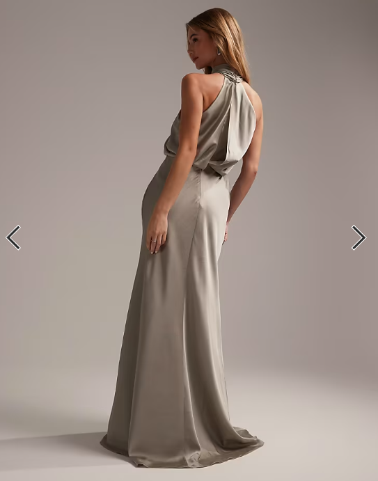 ASOS DESIGN Bridesmaid satin ruched halter neck maxi dress in sage green