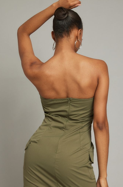 Khaki Bandeau Belted Corset Cargo Bodycon Dress