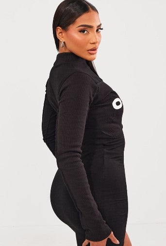 Black Osaka Slogan Long Sleeve High Neck Bodycon Dress