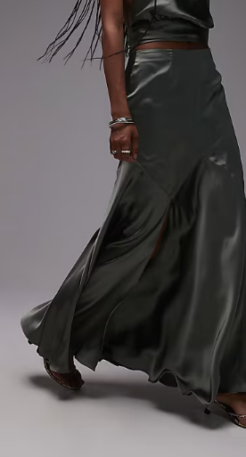 ASOS DESIGN satin panel bias maxi skirt in khaki