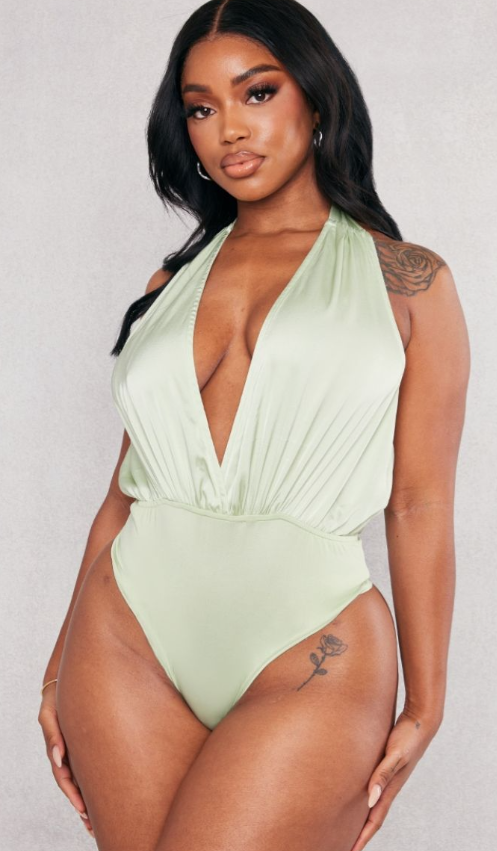 Shape Sage Green Satin Ruched Halterneck Bodysuit