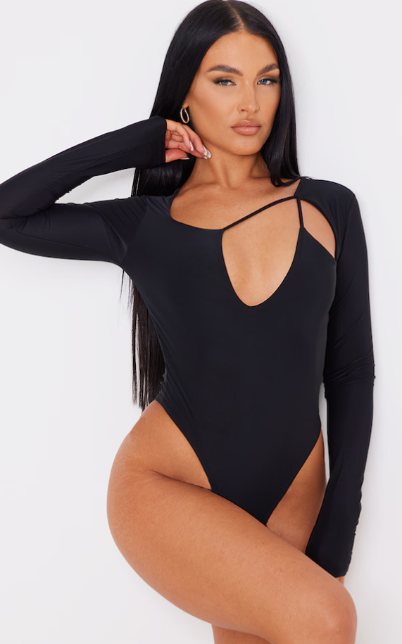 Black Slinky Strappy Cut Out Long Sleeve Bodysuit