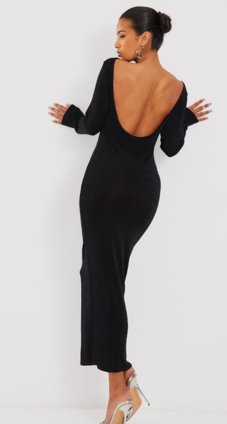 Black Acetate Slinky Long Sleeve Slash Neck Open Back Maxi Dress
