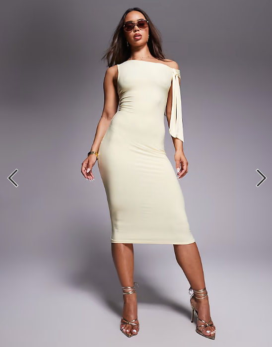 Missyempire double sculpted slinky one shoulder tie midi dress in yellow