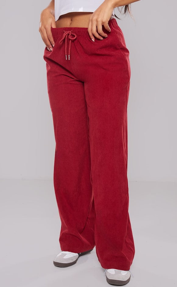 Burgundy Cord Tie Waist Low Rise Trousers