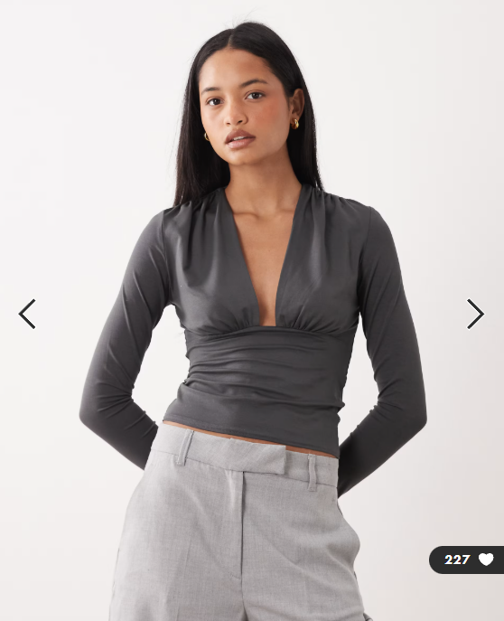 Weekday plunge long sleeve top in dark grey exclusive to ASOS