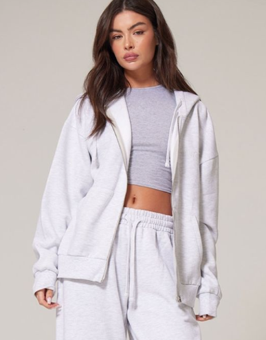 Plt - Ash Grey Premium Embroidered Zip Front Oversized Hoodie