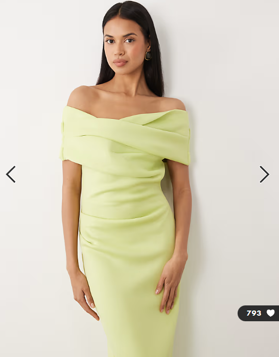 ASOS DESIGN bardot midi dress with split in light green scuba-style fabric