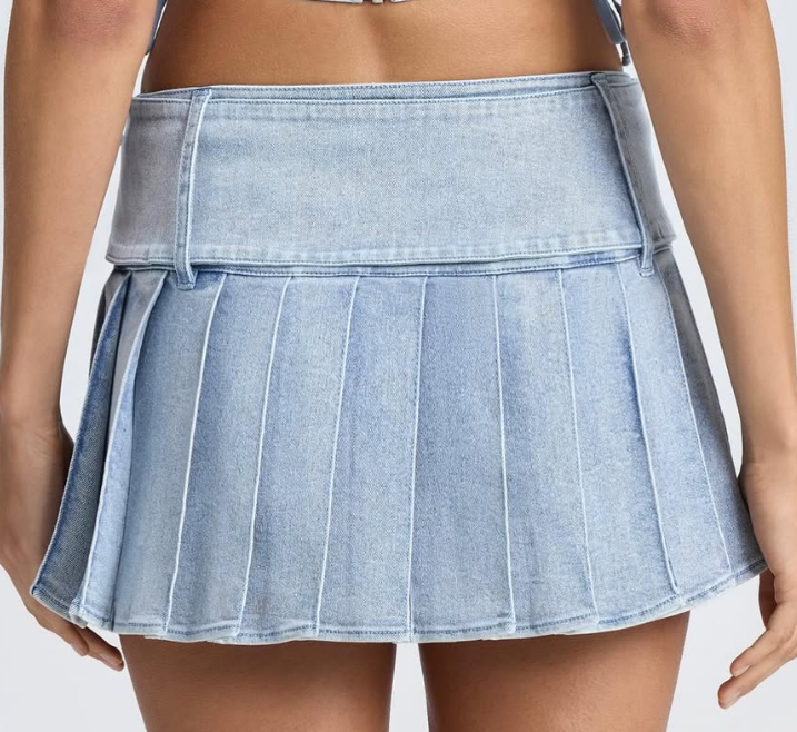 OhPolly-Belted Pleated Low-Rise Micro Mini Skirt in Light Blue Stonewash