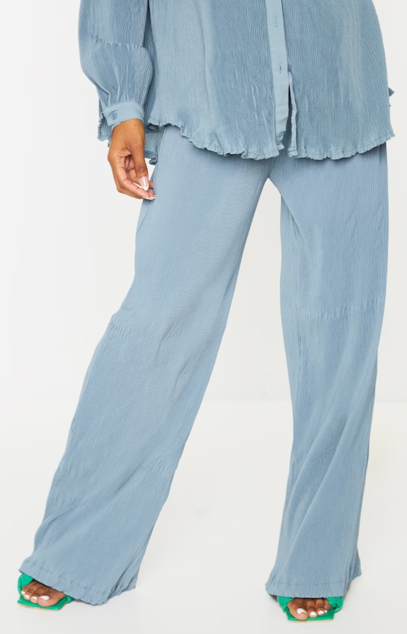 Steel Blue Plisse High Waisted Wide Leg Trousers