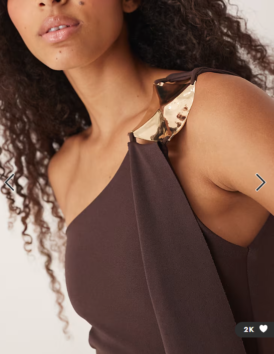 ASOS DESIGN cut out one shoulder maxi dress with hammered trim in chocolate
