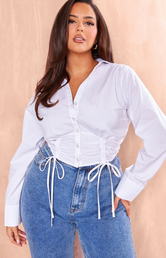 Plus White Gathered Tie Detail Long Sleeve Cropped Shirt
