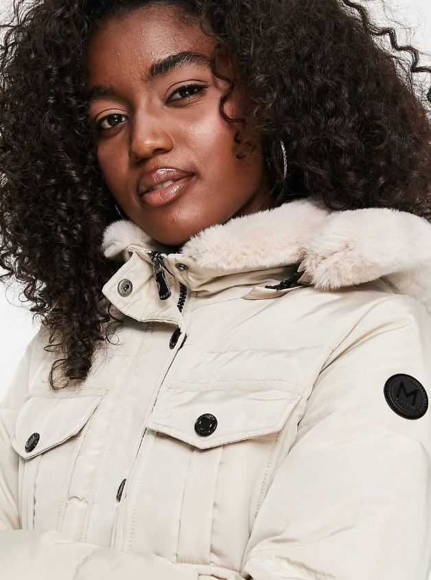 Morgan padded coat with faux fur hood in cream