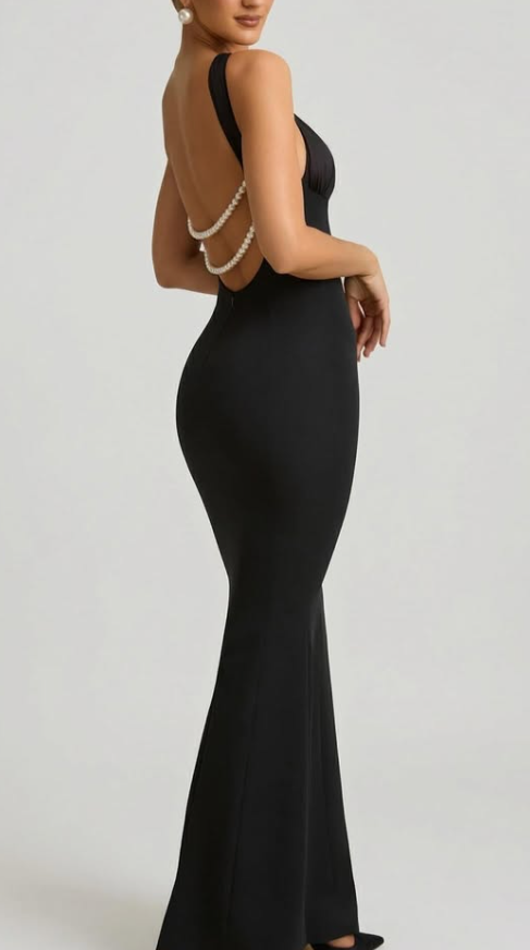 OhPolly-Pearl-Detail Halterneck Maxi Dress in Black